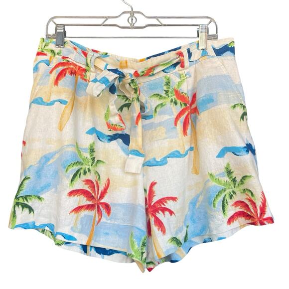 C&C‎ California Womens Shorts Size 14 Tropical Palm Leaf 100% Linen Pull-On - Picture 1 of 10